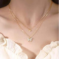 Double Layer Clavicle Chain Necklace Jewelry Zircon Butterfly Pendant Necklace (Gold)